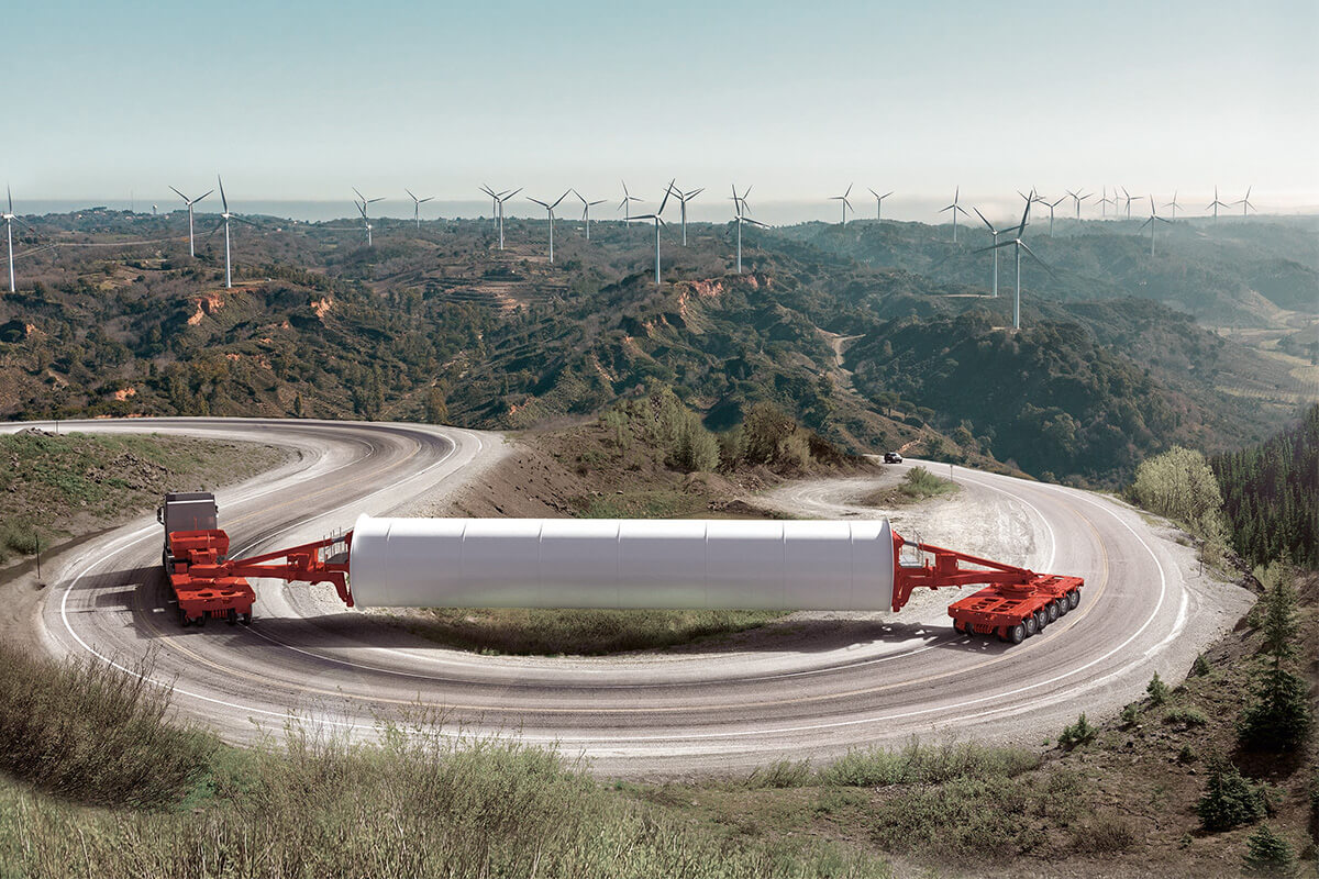 Optimised for meeting the requirements of the wind power industry: the newly-developed K25 L from SCHEURELE. The modular platform vehicle is the ideal solution for transporting loads with a high centre of gravity.