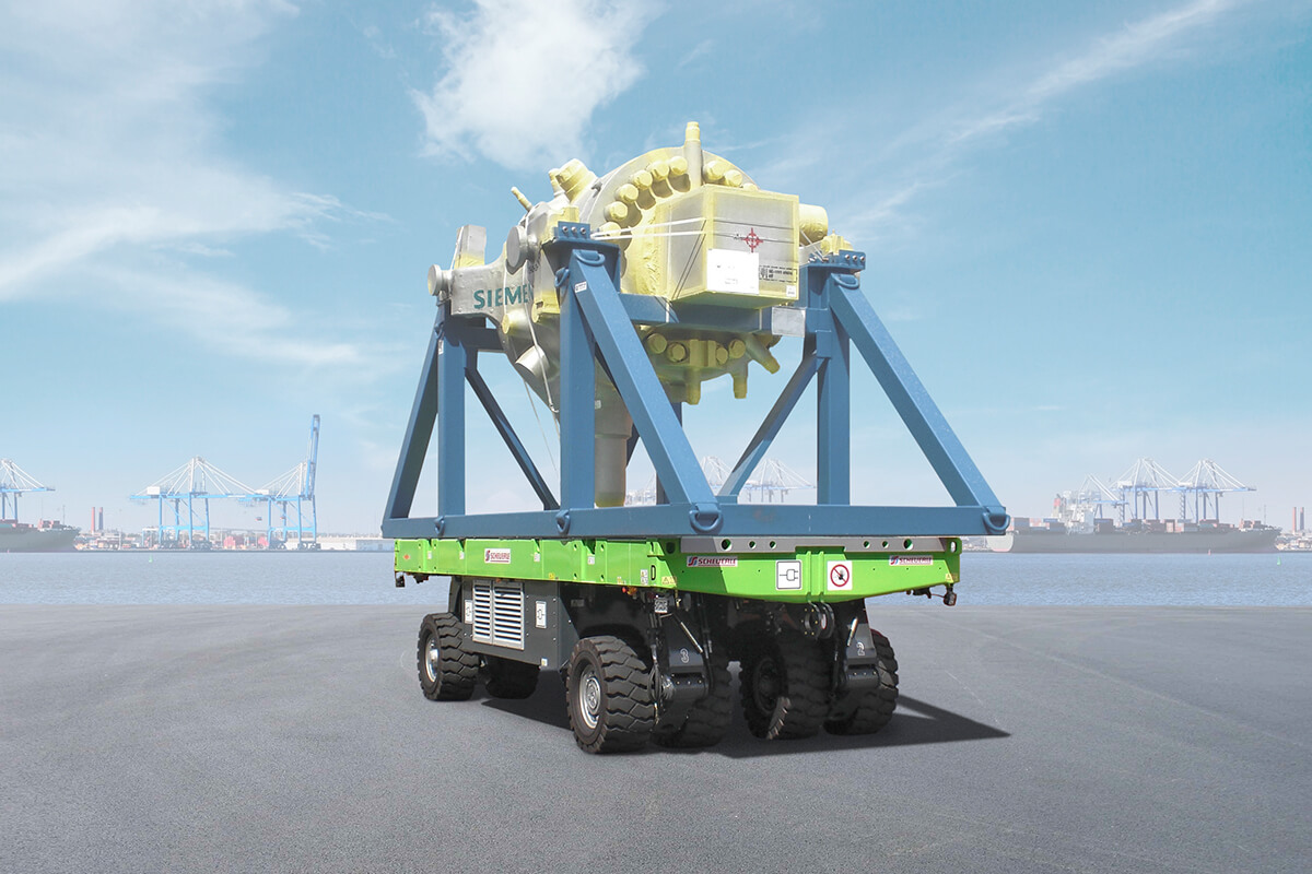 SCHEUERLE stands for innovative and climate-friendly transport solutions. With the SPMT PowerHoss, in-company heavy-load logistical operations can already be realised emission-free.